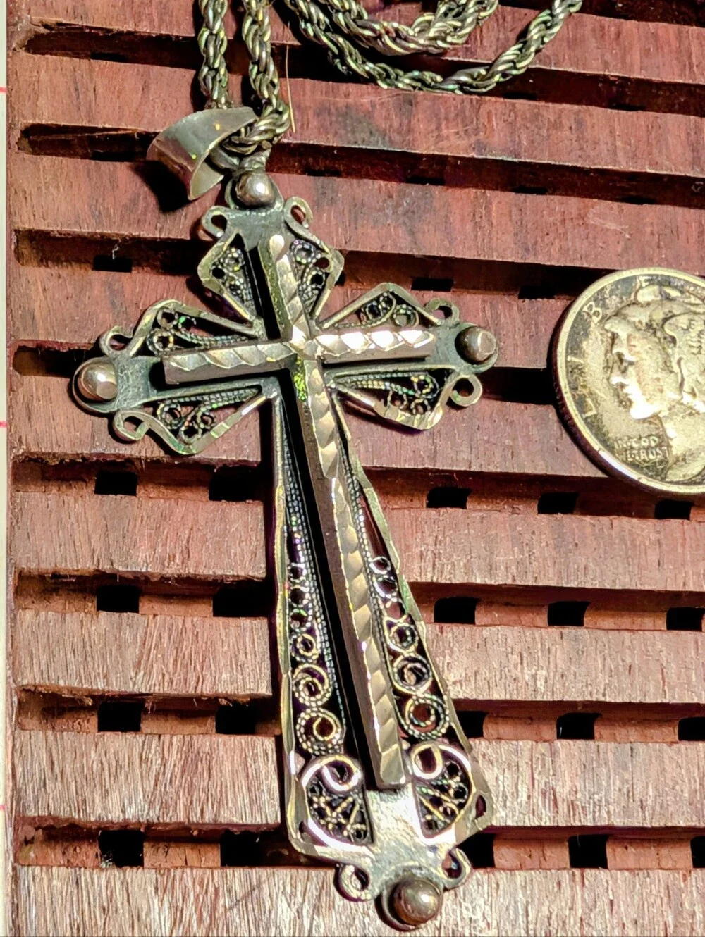 Ornate Vintage Sterling Silver Cross Pendant Necklace